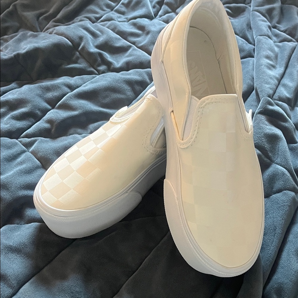 White Checkered Platform Slip-On Vans size 8